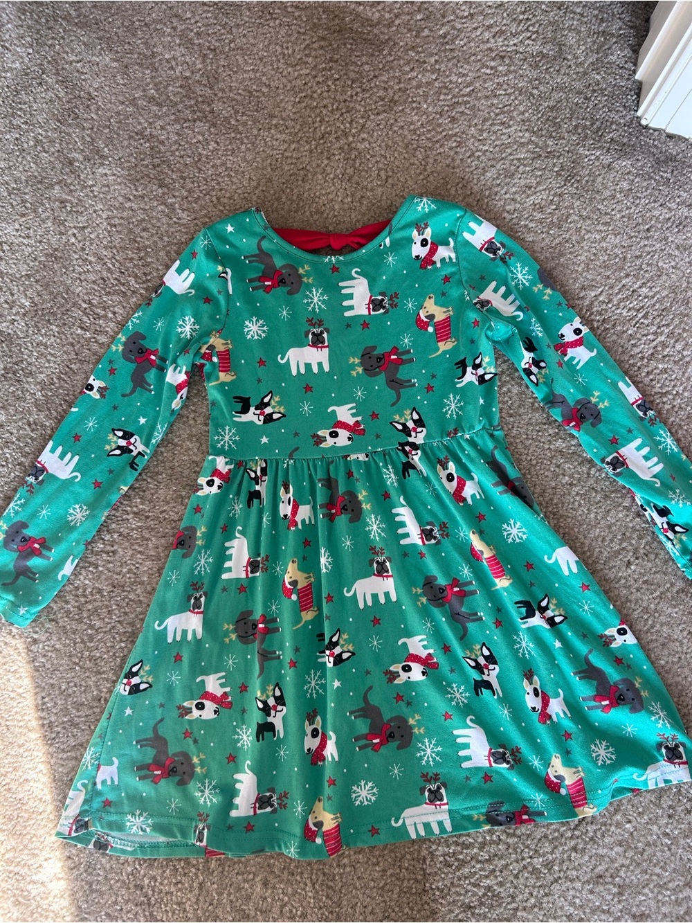 Girls' Green Holiday Dog Print Long-Sleeve Dress 6X